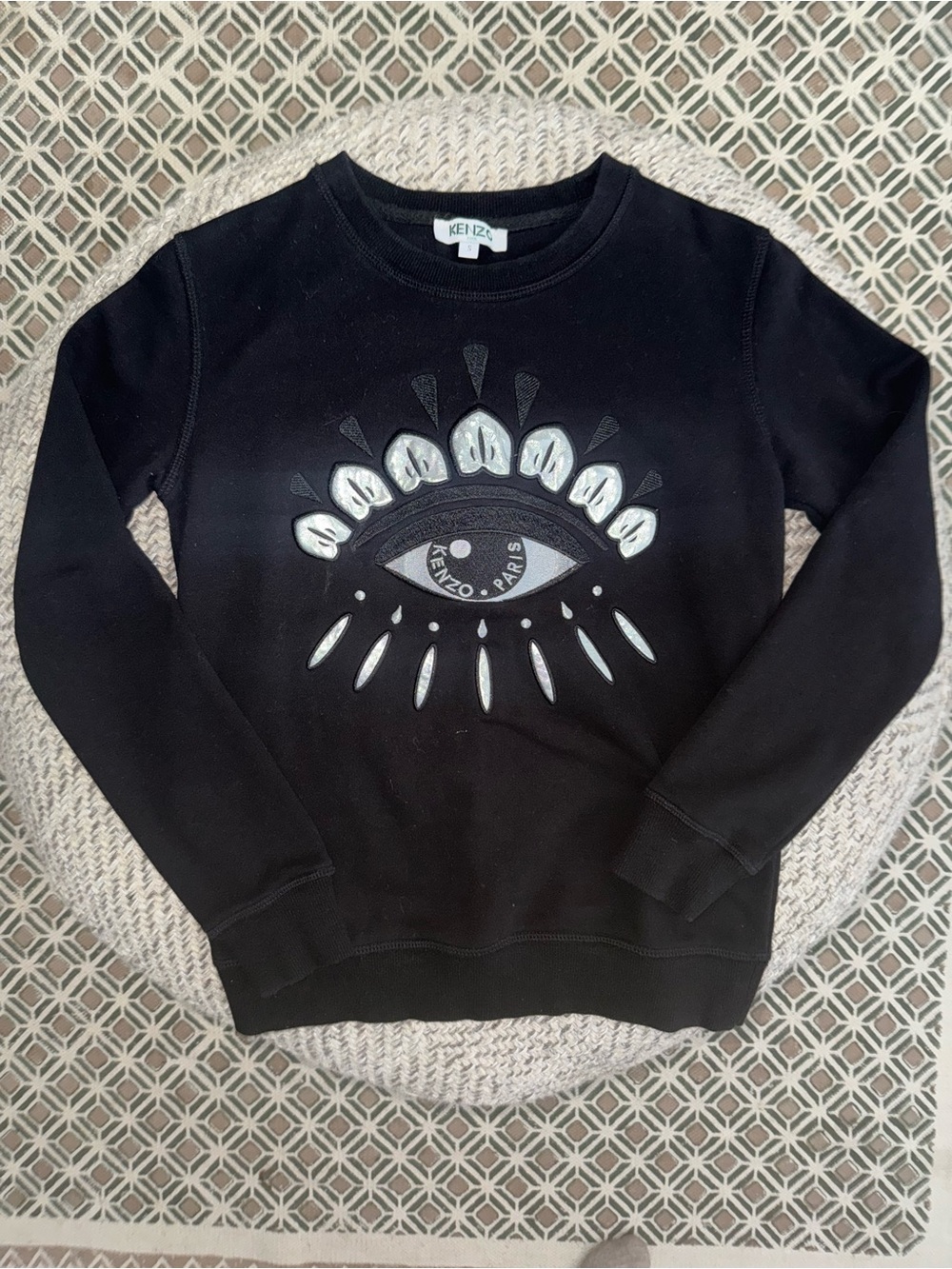 Kenzo Black Crewneck Sweater with Metallic Lotus Eye Motif Size S